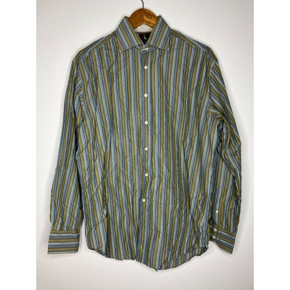 Tailorbyrd Mens Striped Long Sleeve Button-Up Shirt Large Green Blue FLAWED READ